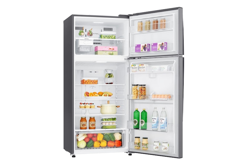 มุมมองด้านหน้าเยื้องไปทางซ้าย แบบเปิดประตู 2 บานแสดงของแช่ของตู้เย็น LG GN-C702HQCM